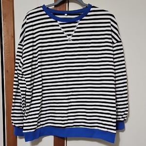 Striped Black and White Sweater with Blue Accents